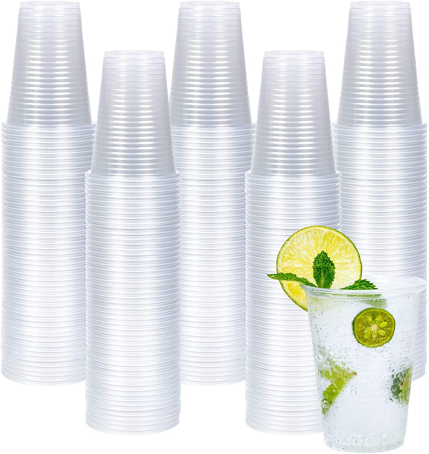 JOLLY PARTY 100Pack 16 oz Clear Plastic Cups With Flat Lids, Disposable  Clear Cups with Straw